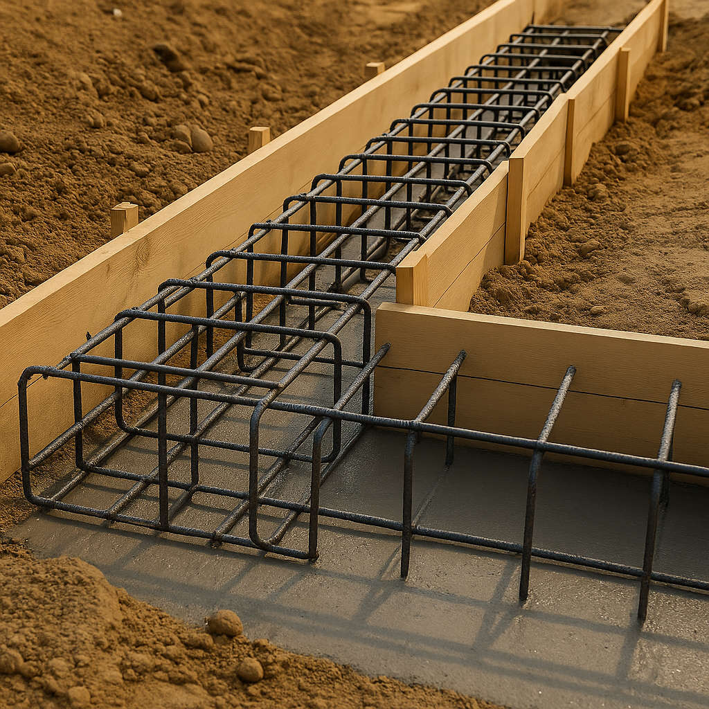 Zbrojenie i deskowanie ław fundamentowych przed betonowaniem